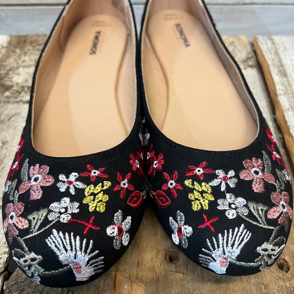Sonoma Black Embroidered Floral Round Toe Ballet Flats Boho Folk 9.5 - Picture 6 of 9